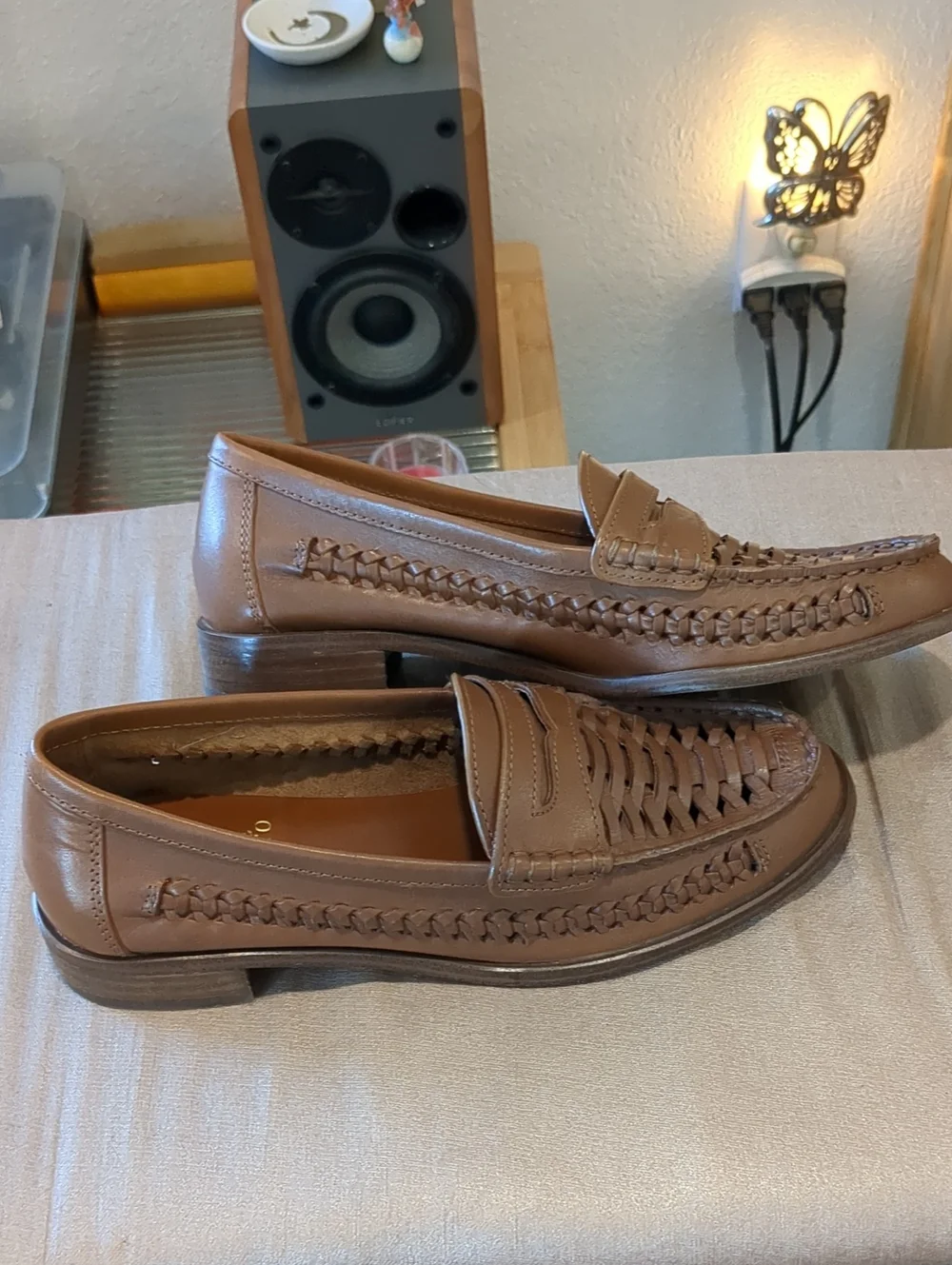 Vince Camuto Brown Woven Leather Penny Loafers Womens